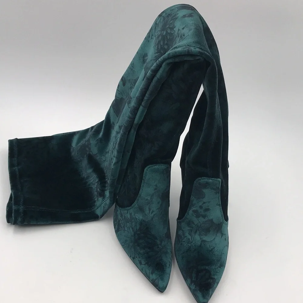 Beautiisoles by Robyn Shreiber Marilia Thigh High Green Floral Velvet Boots